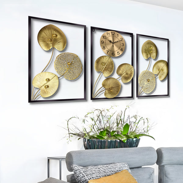 Extra Large Golden Decorative Wall Clock, 24" Silent Non Ticking Clock with Decorative Panels Wall Decor by Sona Casa