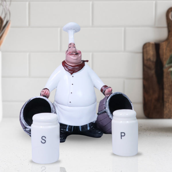 Polyresin Statue of Chef Holding 2 Ceramic Pretzel Shakers Kitchen Decor, Salt Pepper Holder 7 inch, 19 cm | Home Decor