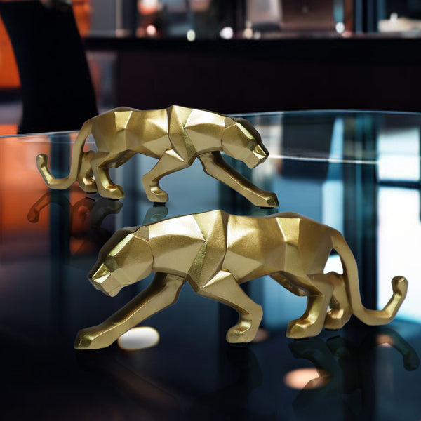 Small Gold Panther Statue for Living Room, Desk Decor, Tabletop Centerpiece 10 inch 25 cm Wide