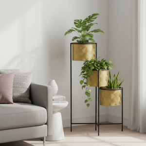 3-Tier Vertical Plant Stand, 32" Gold Metal Planters for Indoor Plants, Rustic Farmhouse Decor for Living Room & Corner-Sona Casa