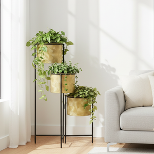 3-Tier Vertical Plant Stand, 32" Gold Metal Planters for Indoor Plants, Rustic Farmhouse Decor for Living Room & Corner-Sona Casa