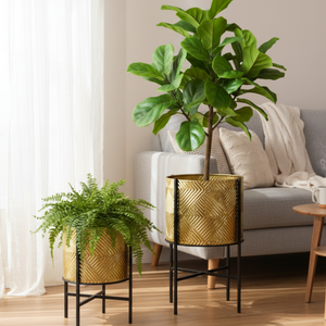 Rustic Golden Planters, Textured Foil Surface, Metal Plant Pots Pair with Black Stand, Unique Indoor Decor Gifts-Sona Casa