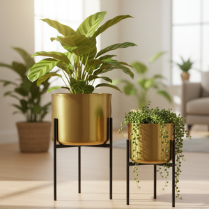 Modern Gold Planters with Black Stand Set, Electroplated Metal for Fresh or Faux Plants, Living Room Patio Decor Gifts-Sona Casa