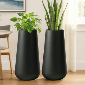 Set of 2 Tall Black Indoor Self Watering Decorative Planters, 27 Inch Tall Black Planter with Riser Pot, Drain Hole-Sona Casa