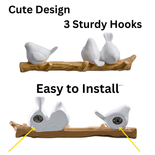 Charming 3-Hook Bird Resin Wall Hanger - Rustic Brown Branch & White Birds for Coats, Hats, Towels by Accent Collection