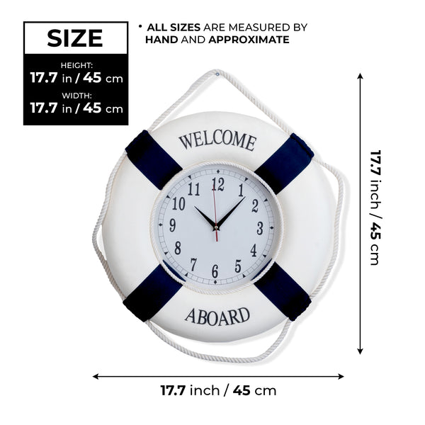 Nautical Round Wall Clock, 18" Silent, Lifebuoy Coastal Decor