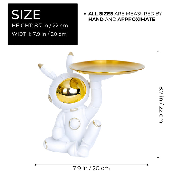 White & Gold Polyresin Astronaut Sculpture, Multi-Use Tray For Keys, Jewelry & Candy, Perfect For Nursery Decor & Office Desk