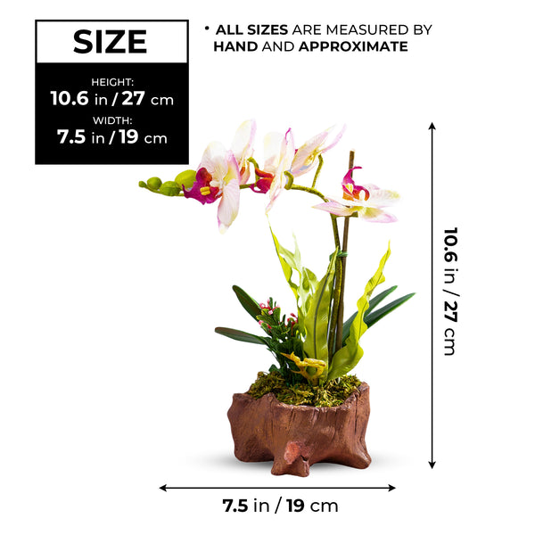 Realistic Faux Orchid In Brown Wood-Like Polyresin Planter For Elegant Home Decor