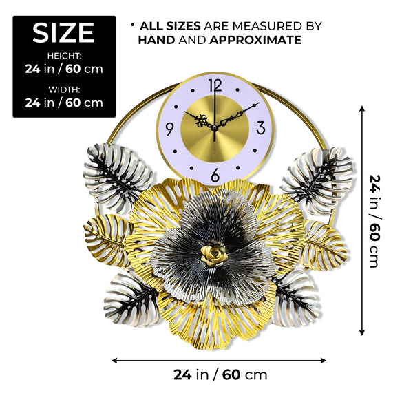 Floral Metal Wall Clock, 24" Home Decor, Silent Nonticking