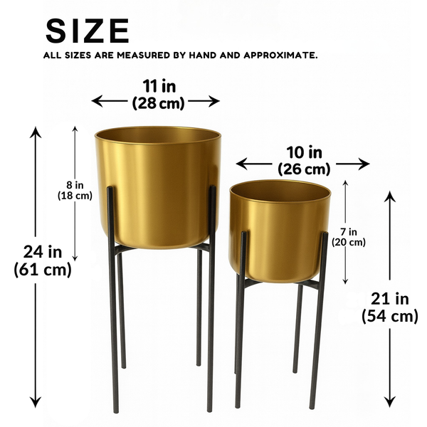 Modern Gold Planters with Black Stand Set, Electroplated Metal for Fresh or Faux Plants, Living Room Patio Decor Gifts-Sona Casa