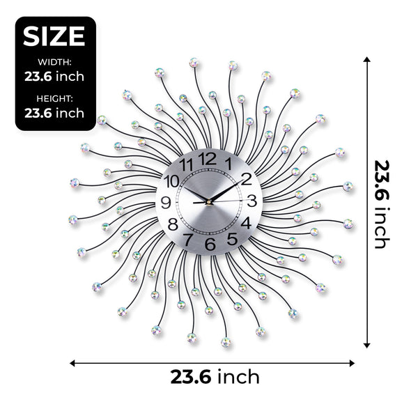 Large Sunburst Wall Clock, Crystal-Embedded Metal Wall Clock, 60 cm or 24 inch, Silent Clock, Non-Ticking Clock, Large Decorative Wall Clock, Wall Decor, Analog Wall Clock, Decor for Living Room by Accent Collection