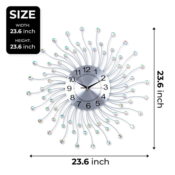 Luxury Silver Metal Wall Clock 60cm - Crystal Embedded, Non-Ticking, Mid Century Modern & Elegant Design by Accent Collection