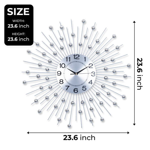 Silver Sunburst Metal Wall Clock, Large Decorative Analog Wall Clock, Starburst Design, 60 cm or 24 inch, Silent Non-Ticking Wall Clock, Easy to Read Dial, Wall Accent for Home or Office