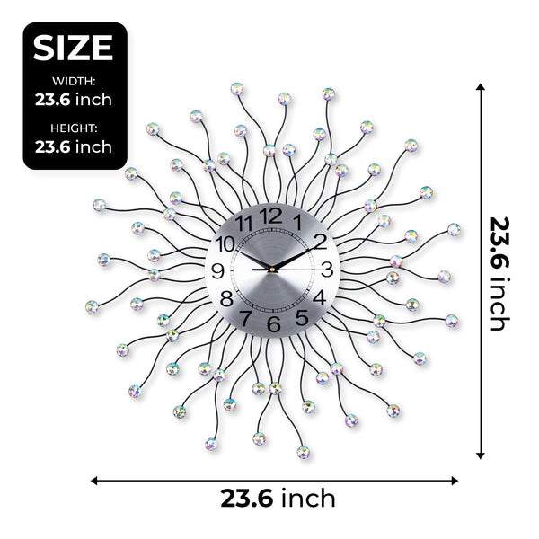 Large Metal Wall Clock with Crystals, Metal Sunburst or Starburst Round Clock, 60 cm or 24 inch, Quiet Clock, Non-Ticking Clock, Battery-Operated Clock, Decorative Wall Clock, Analog Clock for Office, Home, Bedroom, Living Room by Accent Collection