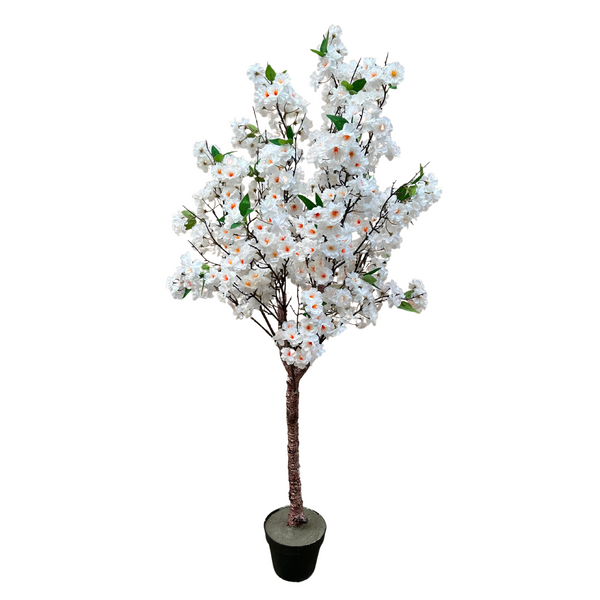 Large Artificial Tree, 55" White Sichuan Cherry Blossom, Nearly Natural Fake Plant, Indoor Outdoor Decor for Garden, Patio, Front Porch