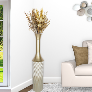 Modern Tall Floor Vase, Handmade Indoor Decor Metal 41" Gold Beige White by Sona Casa