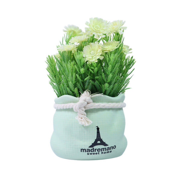 Small Flower Vase with Faux Flowers Tabletop Centerpiece for Home of Office Decor, Green 6 inch 15 cm