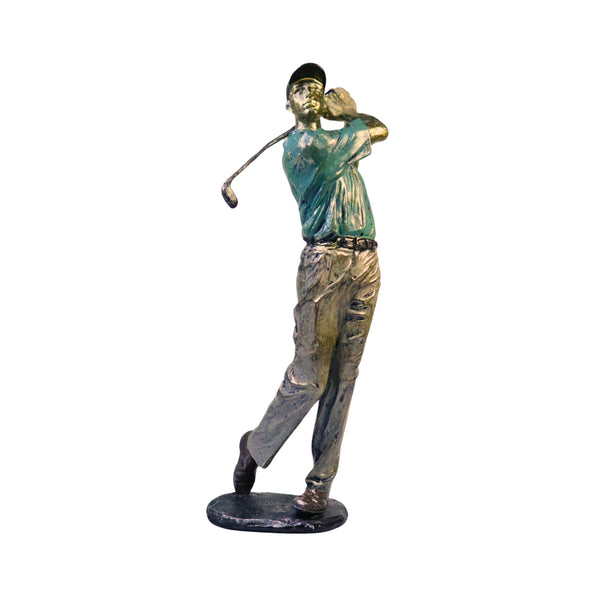 Golf Figurine Statue, Polyresin Sculpture, Large Golfer Decor for Living Room Green Silver 15 inch 38 cm