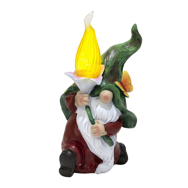 Green And Red Resin Gnome With Solar LED Torch Flame - Garden Figurine For Outdoor Delight by Accent Collection