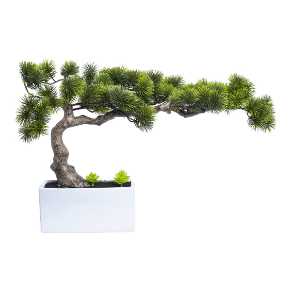 Green Faux Bonsai Pine Tree, Realistic Plastic Plant With White Ceramic Base For Home Decor