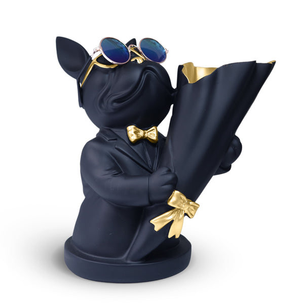 Dog Statue with Bouquet Holder Black Home Decor Accent, Polyresin Artwork Tabletop Centerpiece 9 inch 22 cm by Sona Casa