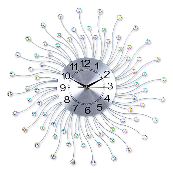 Luxury Silver Metal Wall Clock 60cm - Crystal Embedded, Non-Ticking, Mid Century Modern & Elegant Design by Accent Collection