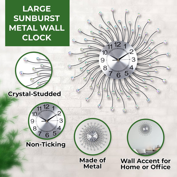 Large Sunburst Wall Clock, Crystal-Embedded Metal Wall Clock, 60 cm or 24 inch, Silent Clock, Non-Ticking Clock, Large Decorative Wall Clock, Wall Decor, Analog Wall Clock, Decor for Living Room by Accent Collection