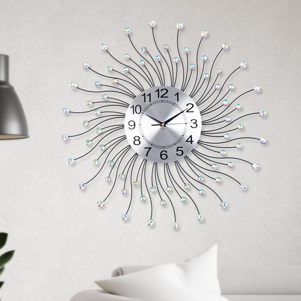 Large Sunburst Wall Clock, Crystal-Embedded Metal Wall Clock, 60 cm or 24 inch, Silent Clock, Non-Ticking Clock, Large Decorative Wall Clock, Wall Decor, Analog Wall Clock, Decor for Living Room by Accent Collection