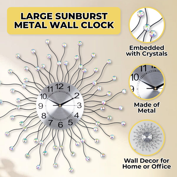 Large Metal Wall Clock with Crystals, Metal Sunburst or Starburst Round Clock, 60 cm or 24 inch, Quiet Clock, Non-Ticking Clock, Battery-Operated Clock, Decorative Wall Clock, Analog Clock for Office, Home, Bedroom, Living Room by Accent Collection