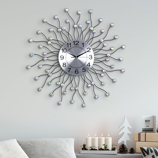 Large Metal Wall Clock with Crystals, Metal Sunburst or Starburst Round Clock, 60 cm or 24 inch, Quiet Clock, Non-Ticking Clock, Battery-Operated Clock, Decorative Wall Clock, Analog Clock for Office, Home, Bedroom, Living Room by Accent Collection