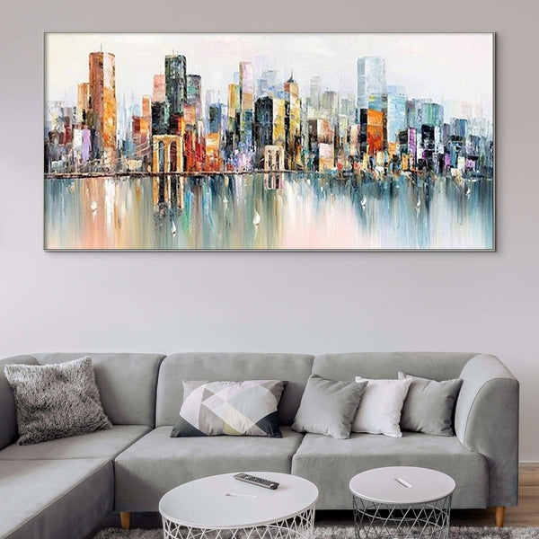 Abstract New York Painting - Handmade Large Canvas Art, Urban Cityscape Oil Painting for Modern Wall Decor, Unique Housewarming Gift by Accent Collection