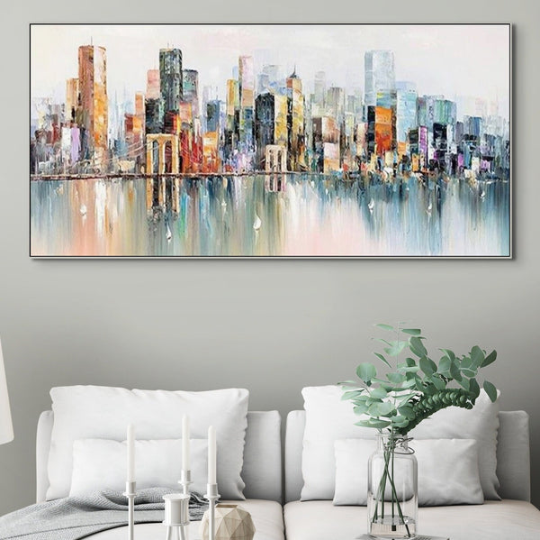 Abstract New York Painting - Handmade Large Canvas Art, Urban Cityscape Oil Painting for Modern Wall Decor, Unique Housewarming Gift by Accent Collection