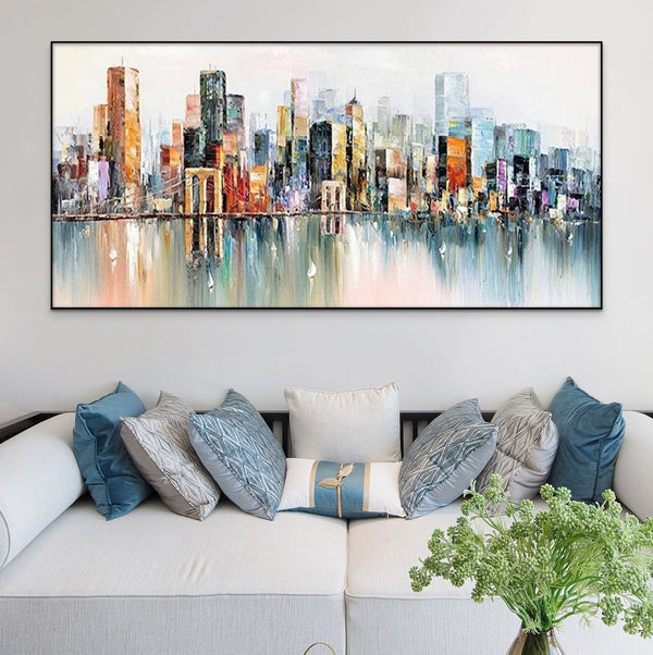 Abstract New York Painting - Handmade Large Canvas Art, Urban Cityscape Oil Painting for Modern Wall Decor, Unique Housewarming Gift by Accent Collection