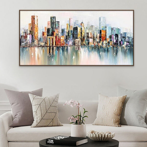 Abstract New York Painting - Handmade Large Canvas Art, Urban Cityscape Oil Painting for Modern Wall Decor, Unique Housewarming Gift by Accent Collection