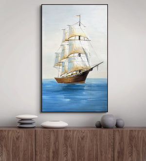 Original Boat Art Vertical Canvas, Textured Nautical Wall Painting for Bedroom, Handmade Coastal Art by Accent Collection