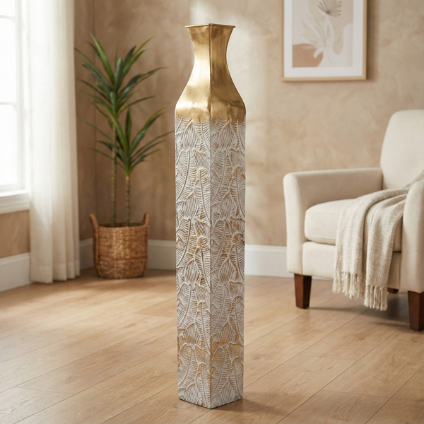 Modern Decorative Metal Tall Vase, Rustic Weathered Finish, Handmade Gold Living Room Decor, 35" Pots for Pampas Grass-Sona Casa