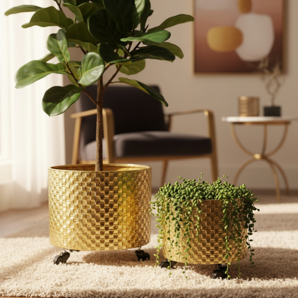 Golden Metal Foil Planter Set with Drain Plug, Indoor Plant Pot with Wheels for Fresh or Faux Plants Home Decor Gift-Sona Casa