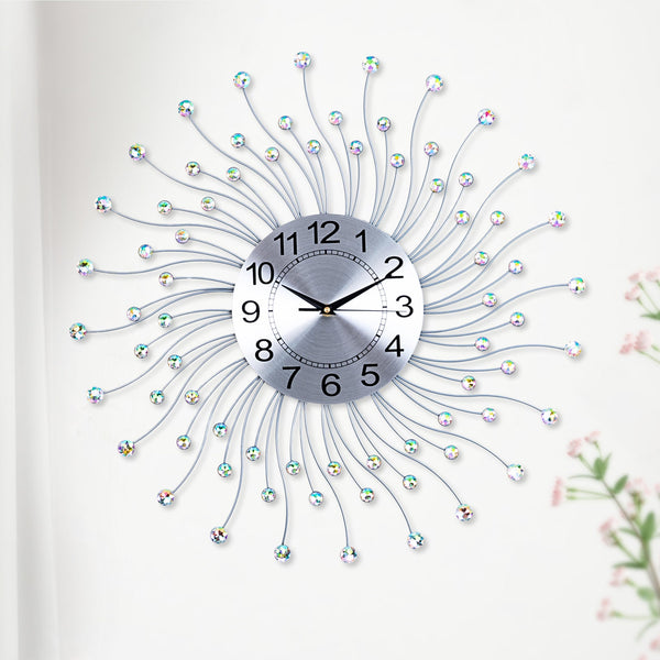 Luxury Silver Metal Wall Clock 60cm - Crystal Embedded, Non-Ticking, Mid Century Modern & Elegant Design by Accent Collection