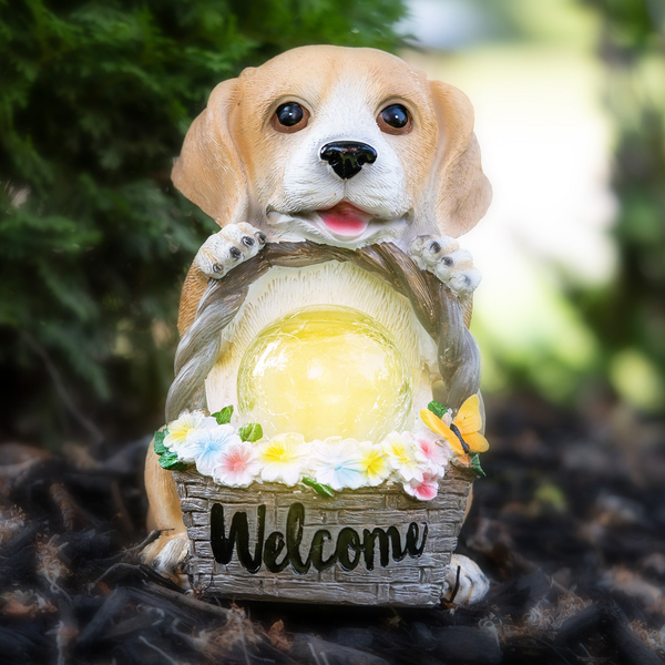 Brown Resin Dog Statue With Solar Garden Light And Welcome Basket by Accent Collection