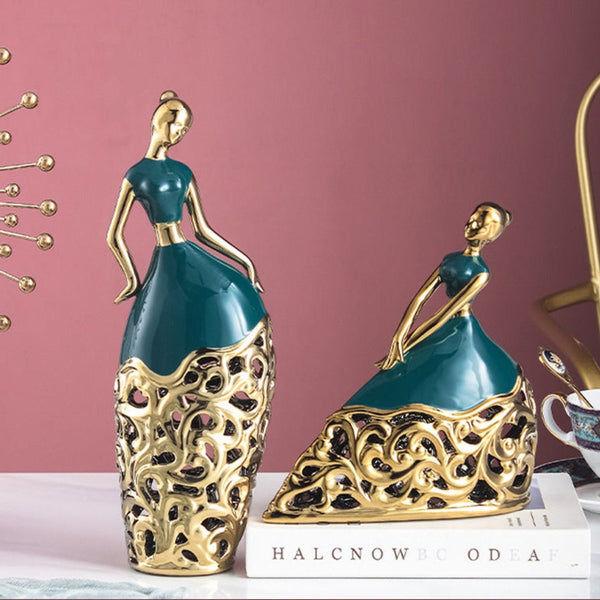 2 Pc Green and Gold Ceramic Dancer Figurines, Coffee Table Decor, Unique Gift, Centerpiece, Home Decor, Countertop Decor, Gift