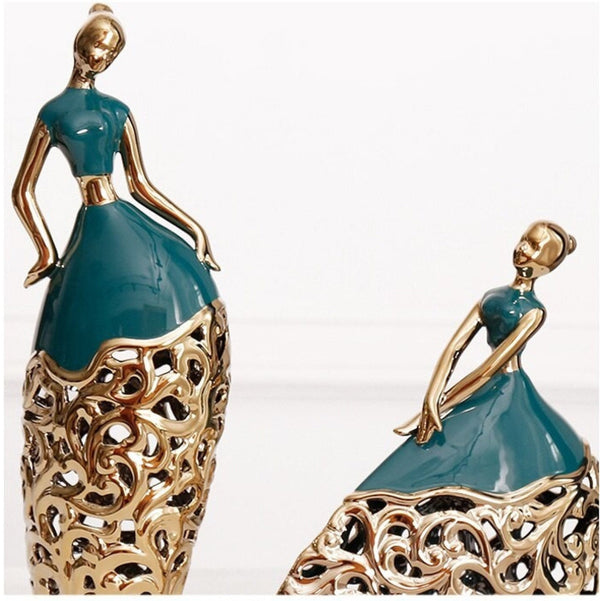 2 Pc Green and Gold Ceramic Dancer Figurines, Coffee Table Decor, Unique Gift, Centerpiece, Home Decor, Countertop Decor, Gift