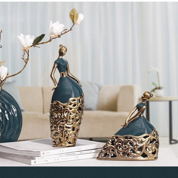 2 Pc Green and Gold Ceramic Dancer Figurines, Coffee Table Decor, Unique Gift, Centerpiece, Home Decor, Countertop Decor, Gift