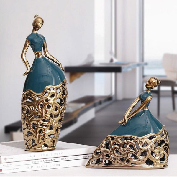 2 Pc Green and Gold Ceramic Dancer Figurines, Coffee Table Decor, Unique Gift, Centerpiece, Home Decor, Countertop Decor, Gift