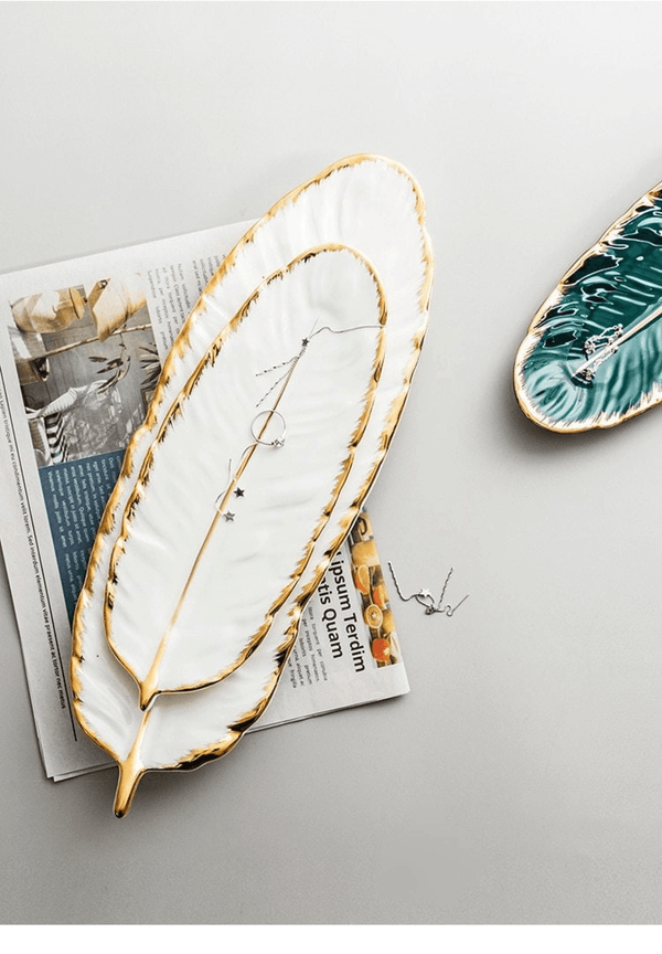 2 Pcs Ceramic Decorative Trays, Jewelry Tray, Dish Plates Snacks Feather Tabletop Home Kitchen, Vanity, Party Decor Ornament Organizer by Sona Casa