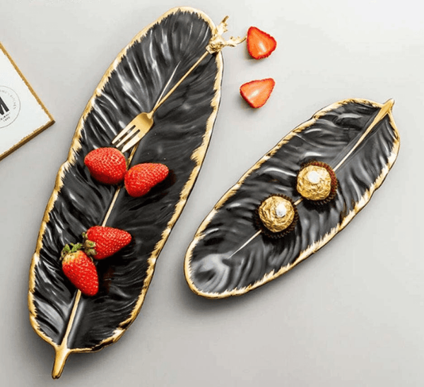 2 Pcs Ceramic Decorative Trays, Jewelry Tray, Dish Plates Snacks Feather Tabletop Home Kitchen, Vanity, Party Decor Ornament Organizer by Sona Casa