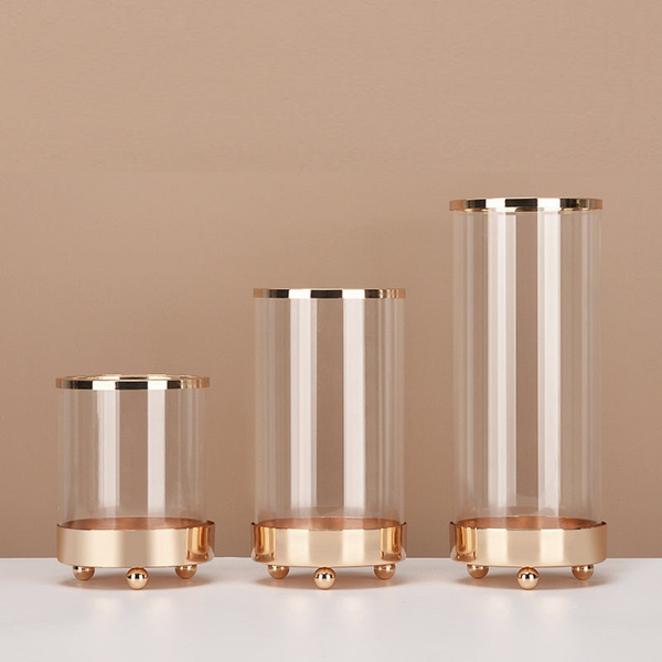Set of 3 Glass Copper Base Cylinder Vases for Home Décor