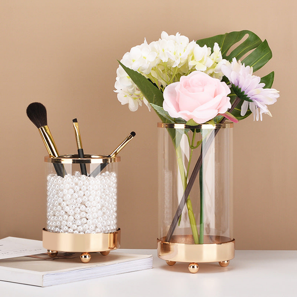 Set of 3 Glass Copper Base Cylinder Vases for Home Décor