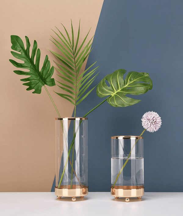 Set of 3 Glass Copper Base Cylinder Vases for Home Décor