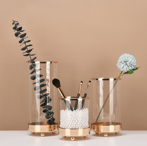 Set of 3 Glass Copper Base Cylinder Vases for Home Décor