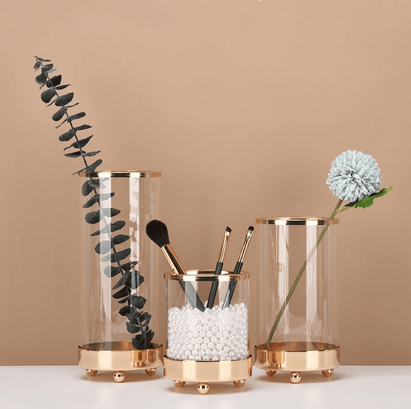 Set of 3 Glass Copper Base Cylinder Vases for Home Décor